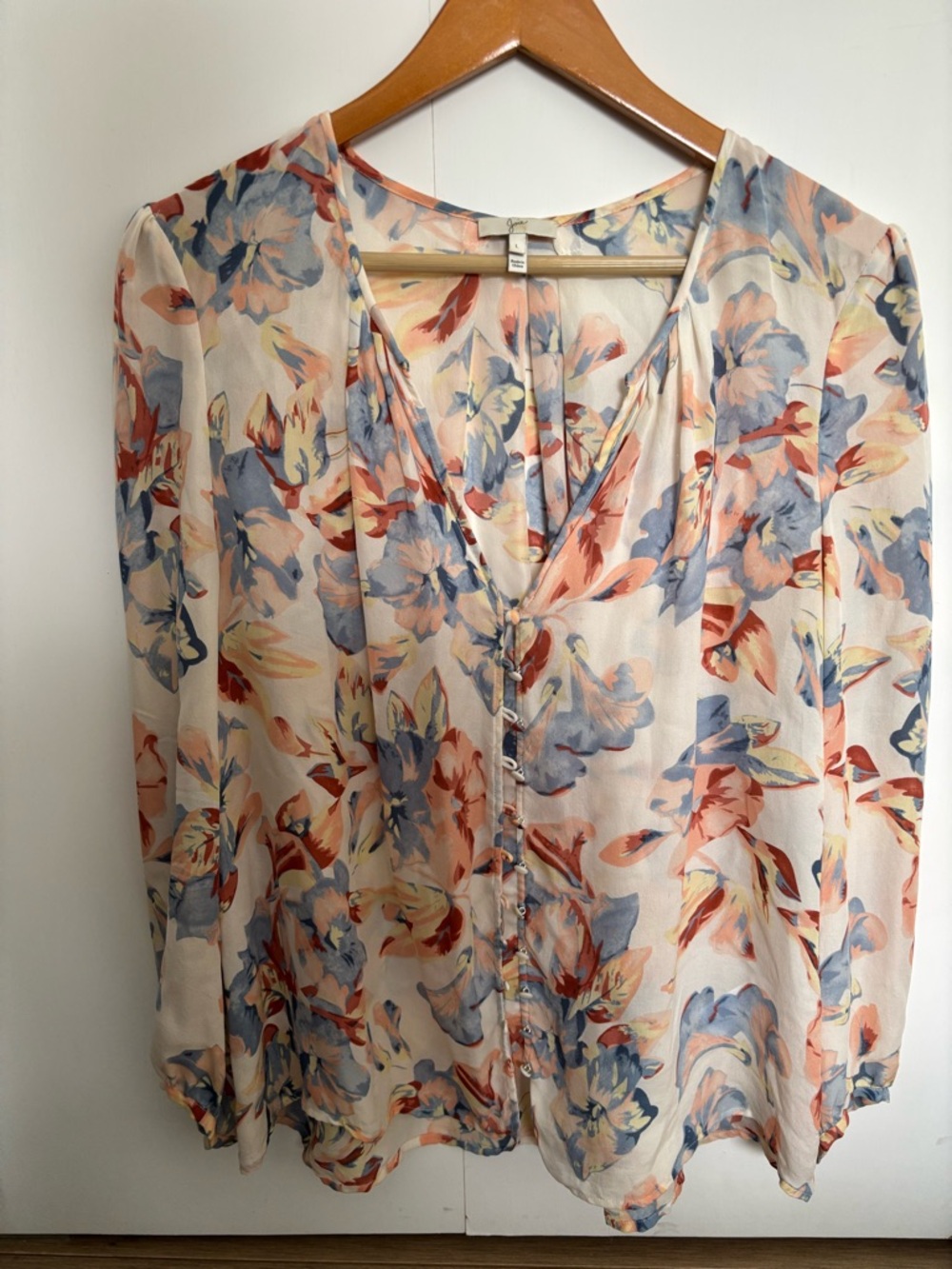 Women’s Floral V-Neck Button Front Blouse - Cream with Blue & Coral Floral